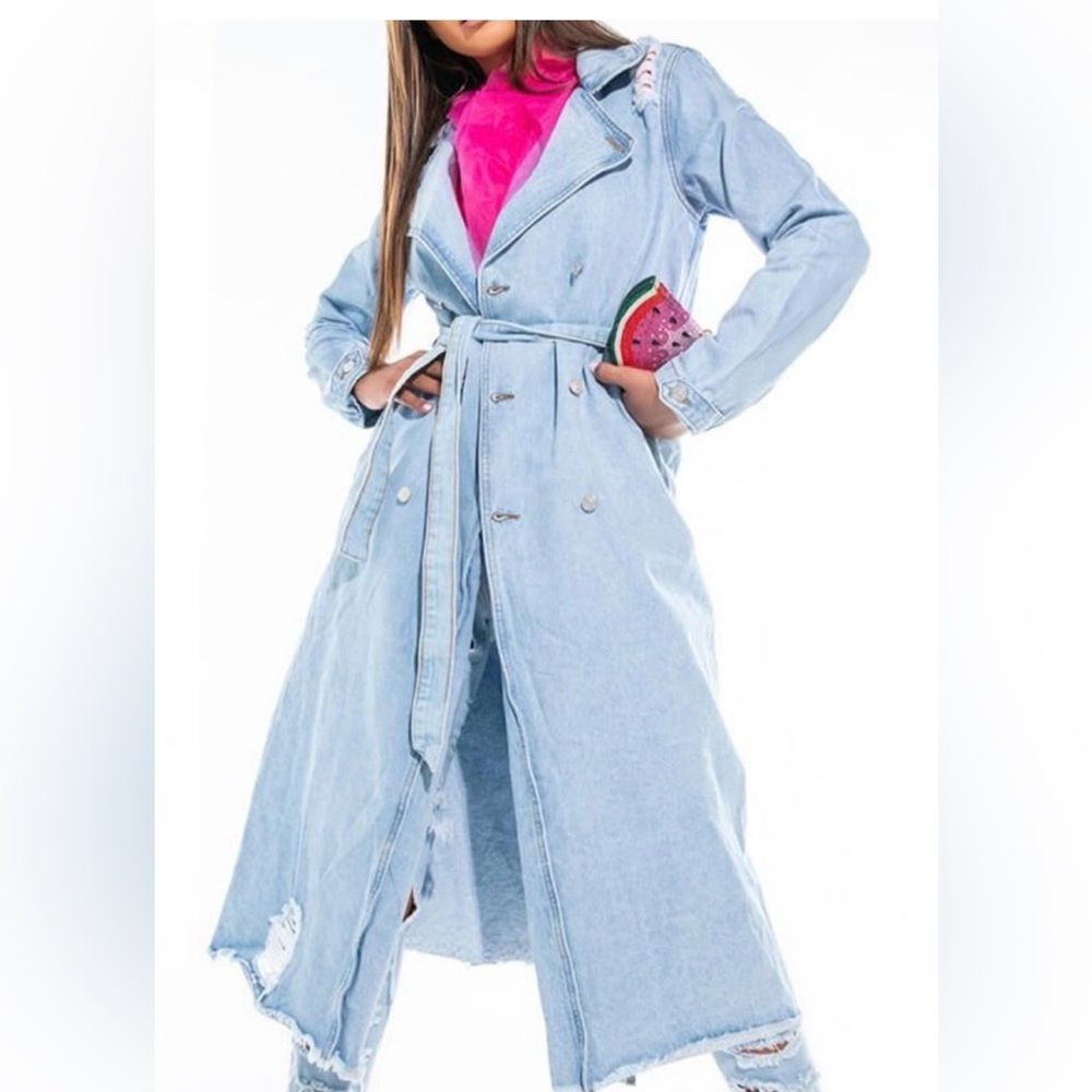 AKIRA Light Blue Denim Trench Coat with Pink Accent